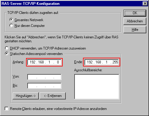 RAS-Server TCP-IP Konfiguration